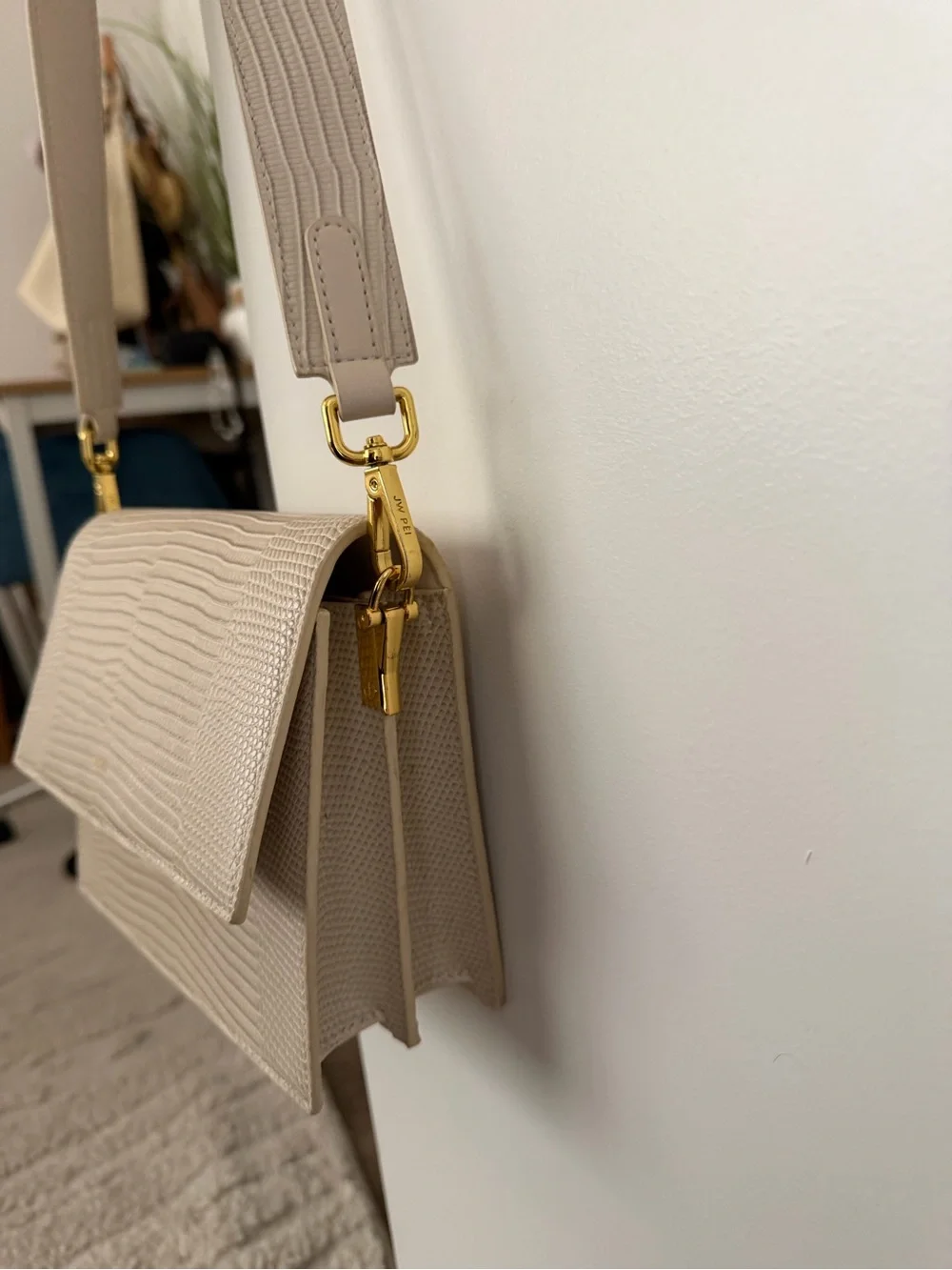 JW PEI Cream Textured Shoulder Bag with Gold Hardware